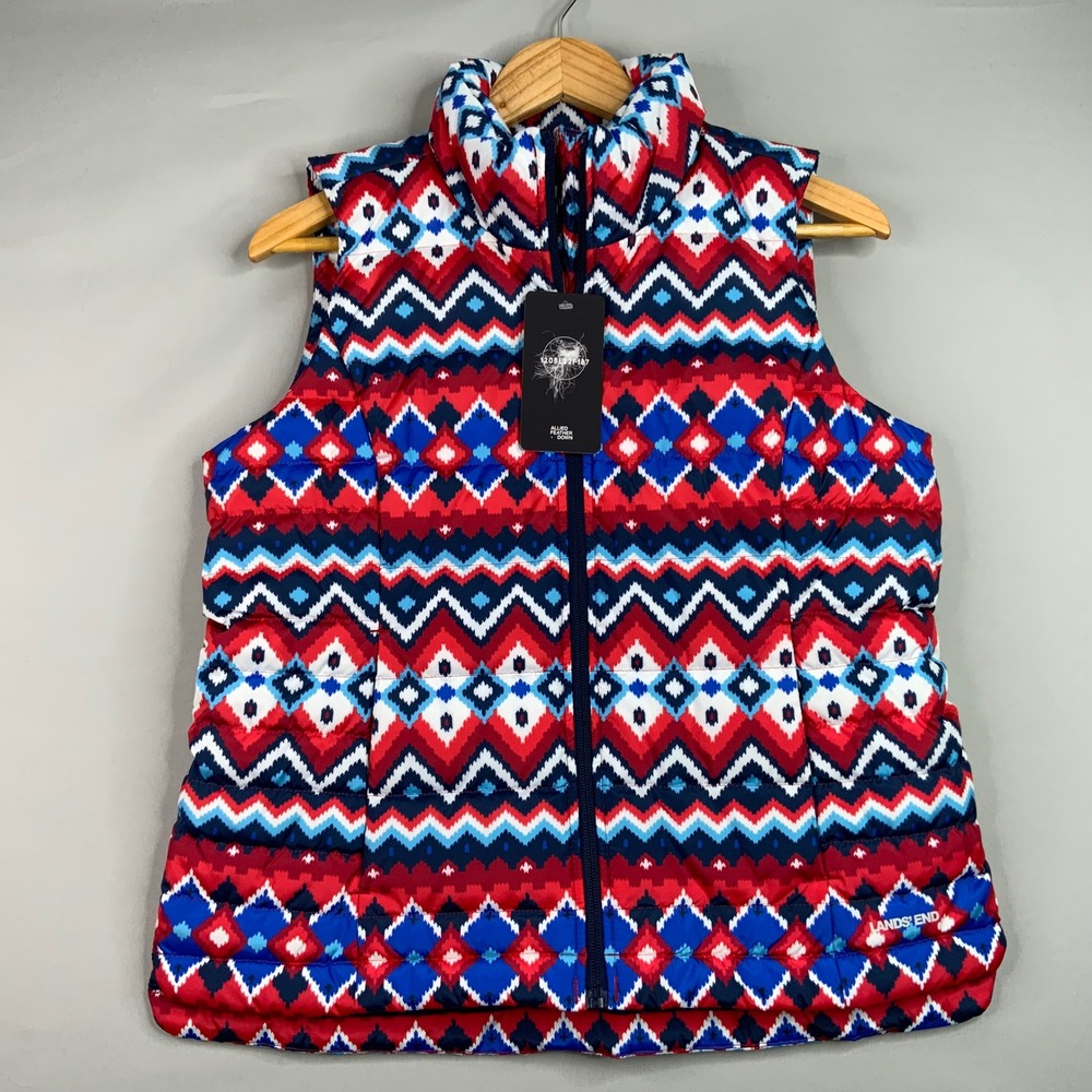 Lands End Women's Puffer Vest Size S/P 6-8 Red Blue White Patterned Down Fill